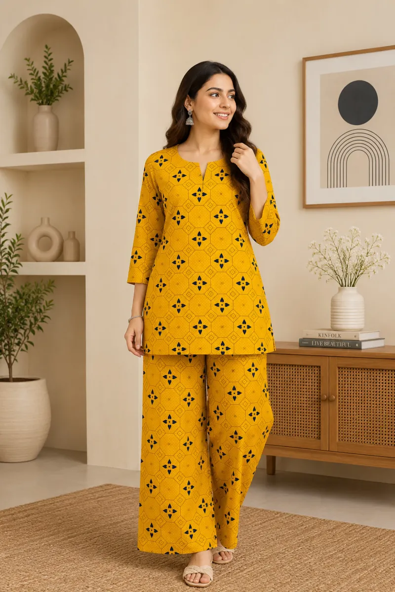 Women Mustard Yellow Geometric Printed Cotton Tunic & Palazzo Co Ord Set