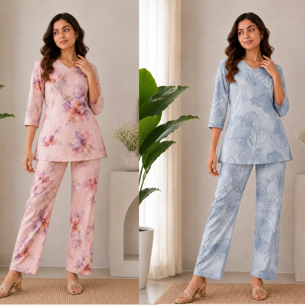 Women’s Charming Blush Pink & Powder Blue Printed Co-Ord Set Pack of 2