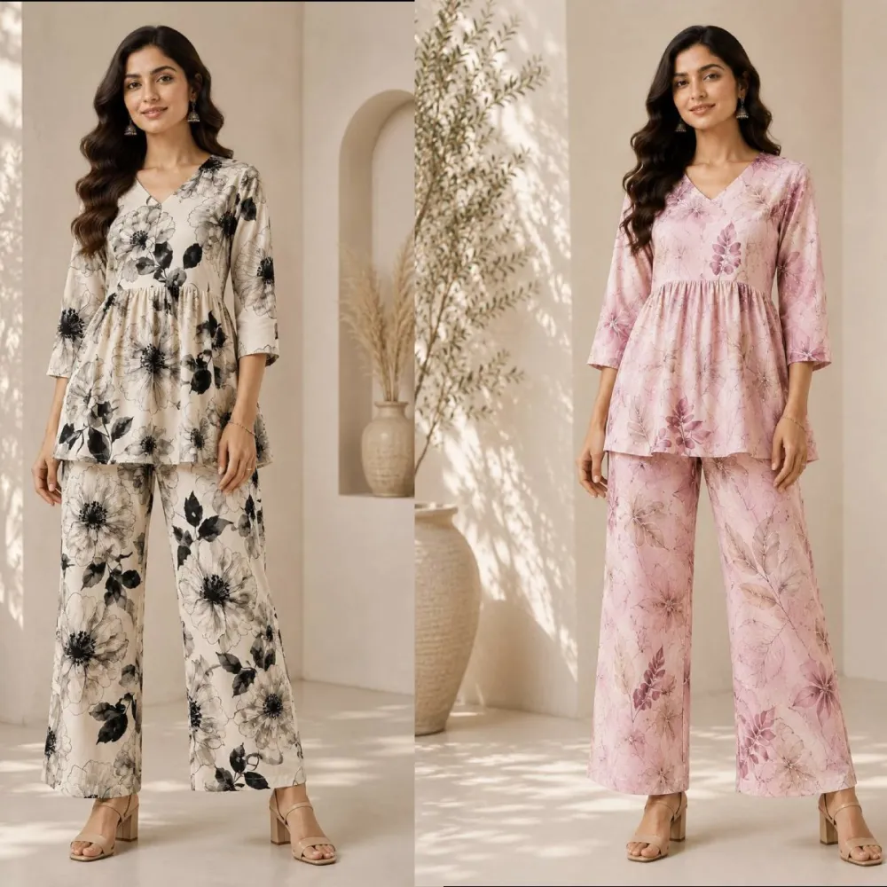Women Floral Printed Peplum Poly Rayon Co-Ord Set #2