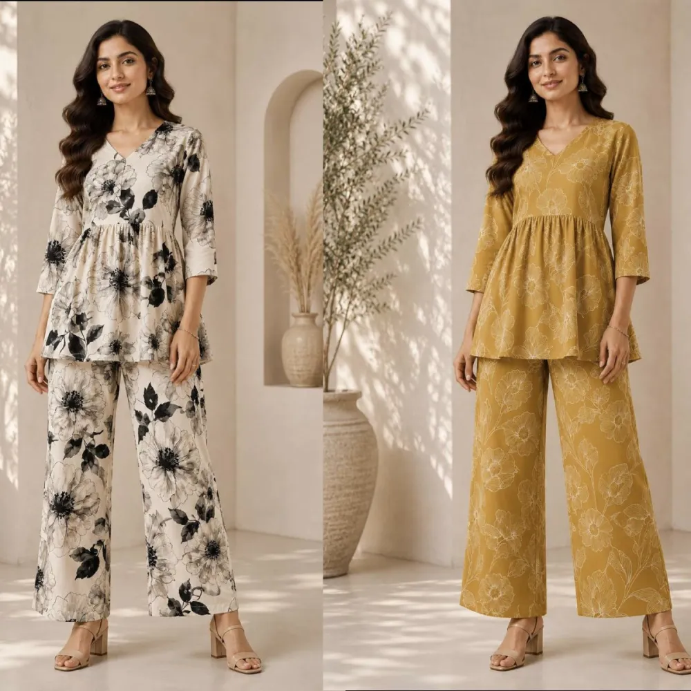 Women Floral Printed Peplum Poly Rayon Co-Ord Set #3