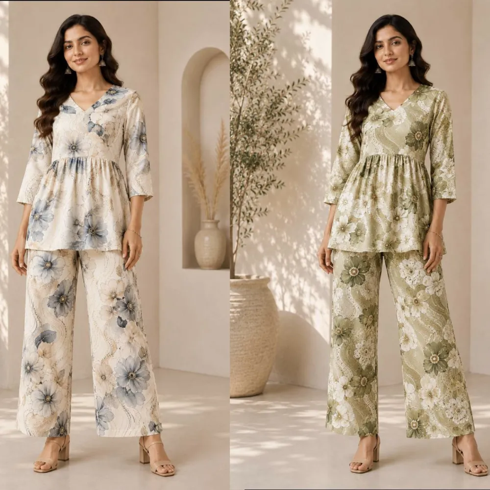 Women Floral Printed Peplum Poly Rayon Co-Ord Set #4