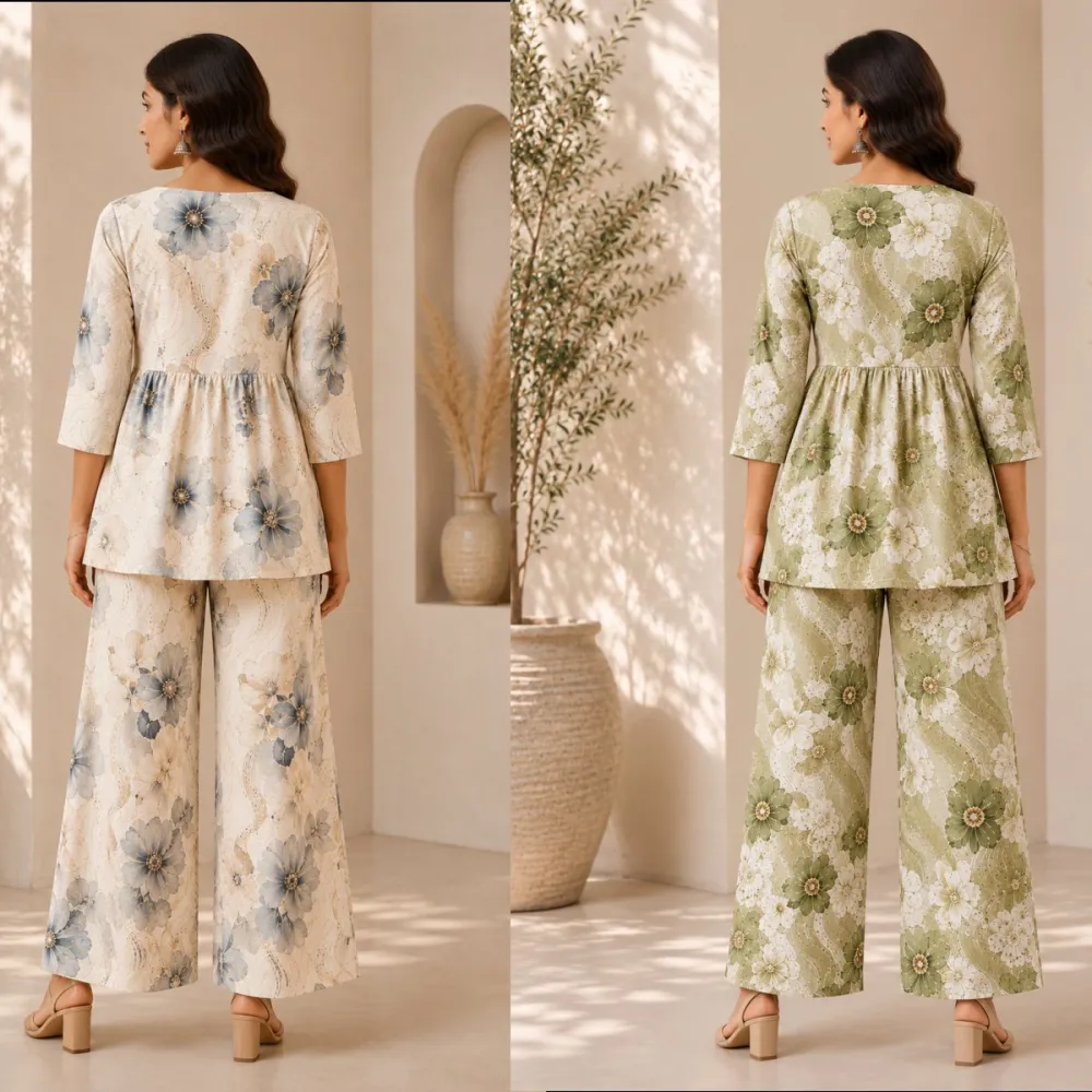 Women Floral Printed Peplum Poly Rayon Co-Ord Set #4