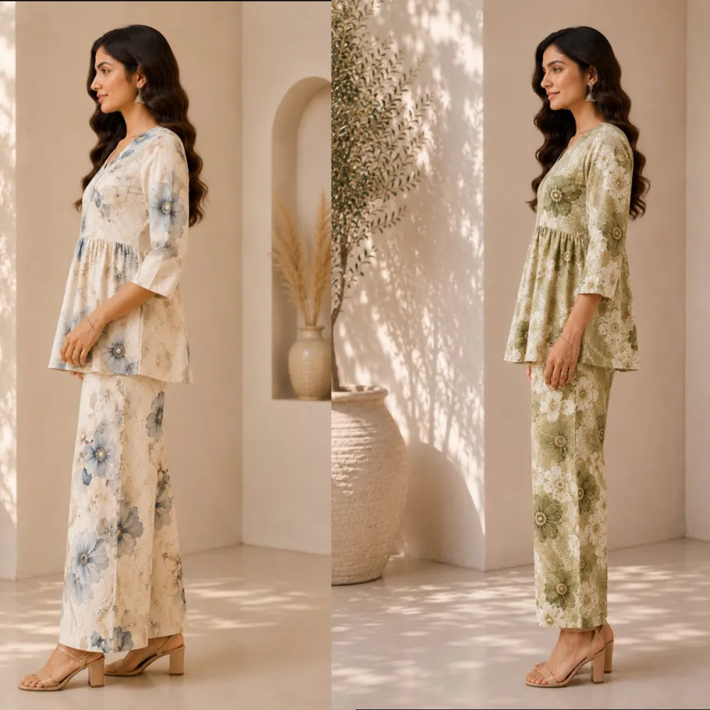 Women Floral Printed Peplum Poly Rayon Co-Ord Set #4