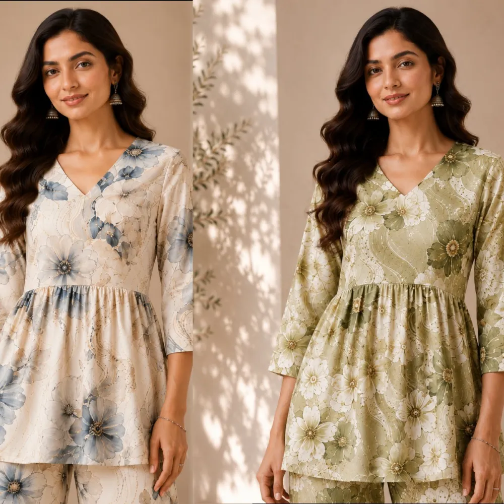 Women Floral Printed Peplum Poly Rayon Co-Ord Set #4