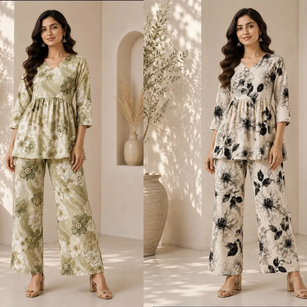 Women Floral Printed Peplum Poly Rayon Co-Ord Set #5