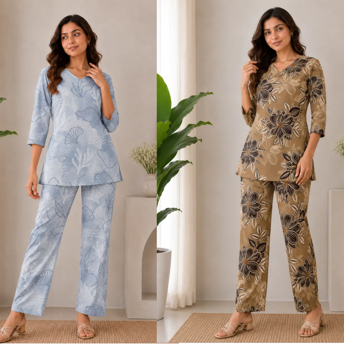 Women’s Contemporary Powder Blue & Mocha Brown Co-Ord Set Combo Pack of 2