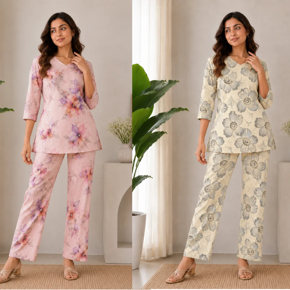 Women’s Graceful Blush Pink & Ivory Floral Poly Rayon Co-Ord Set Pack of 2
