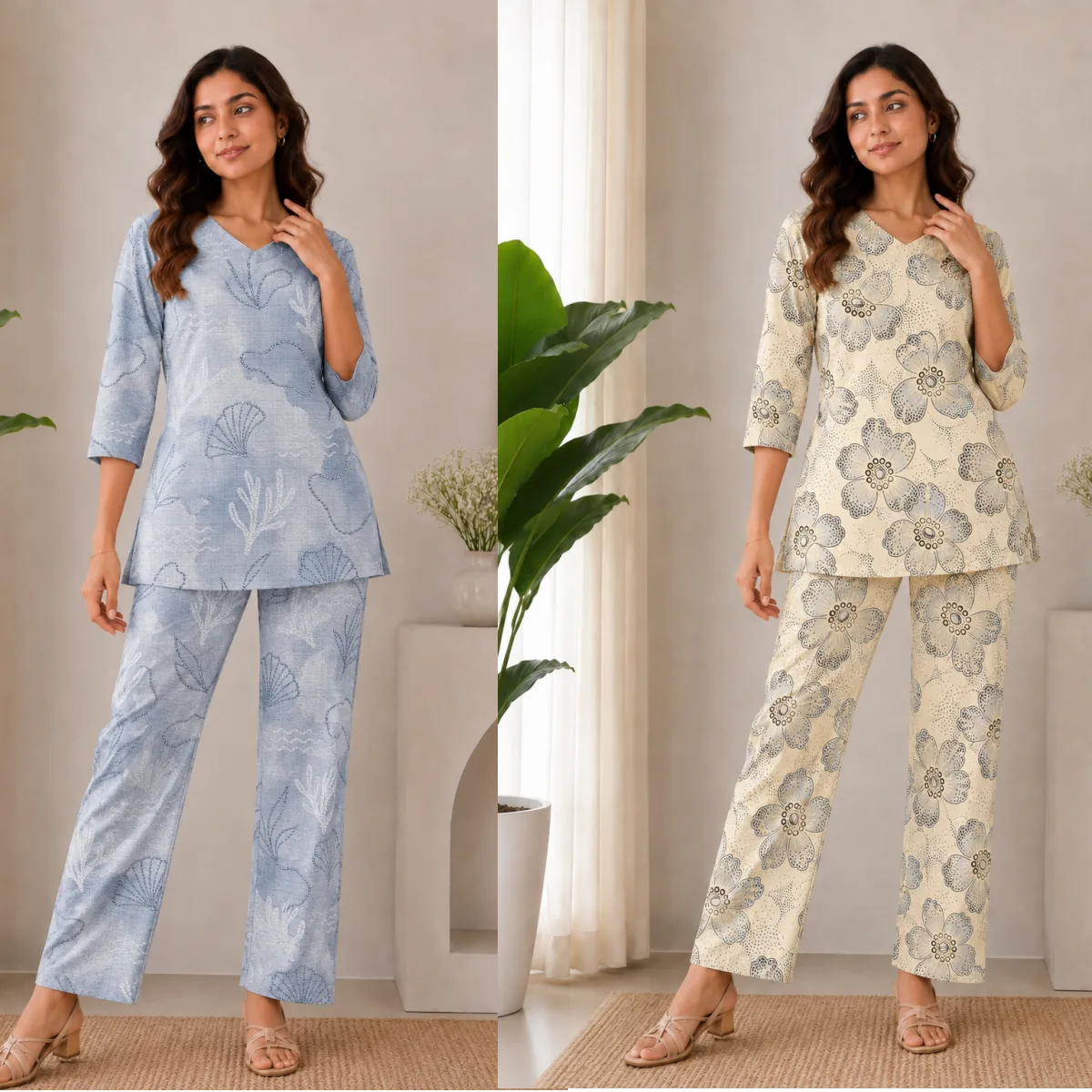 Women’s Serene Powder Blue & Ivory Floral Poly Rayon Co-Ord Set Pack of 2