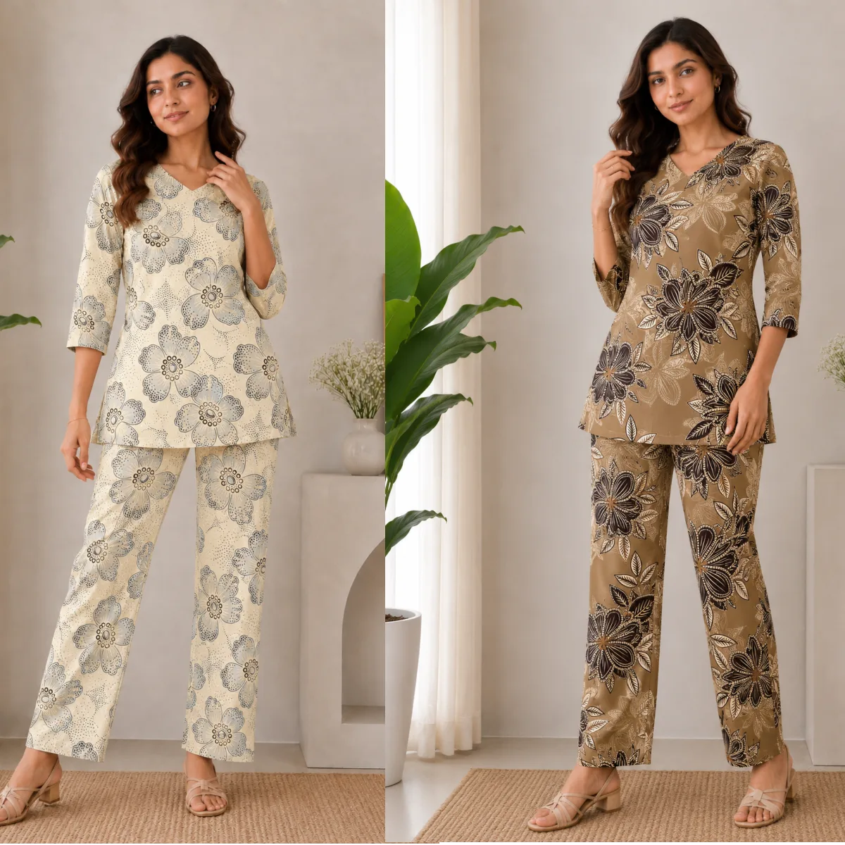 Women’s Classic Ivory & Mocha Brown Printed Poly Rayon Co-Ord Set Pack of 2