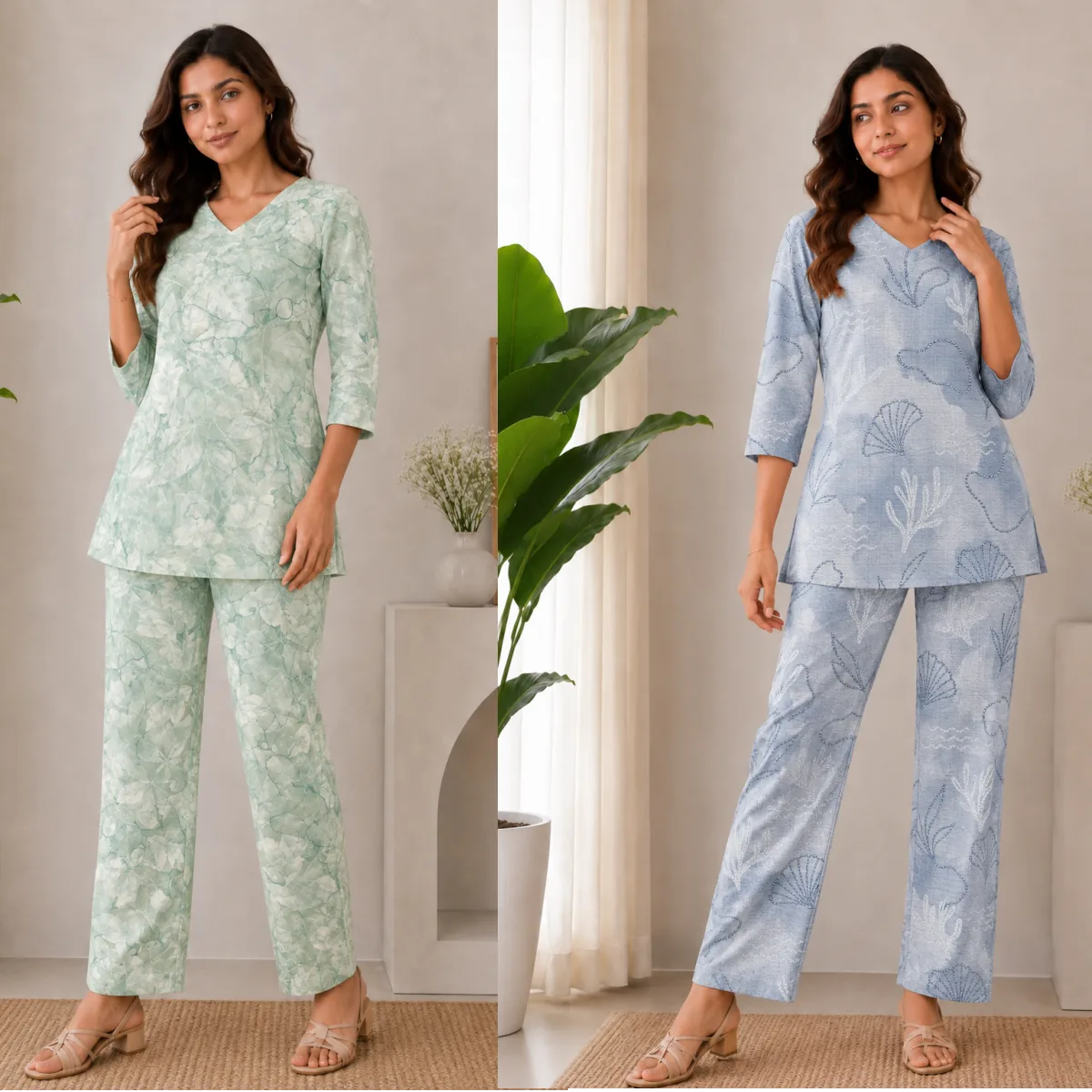 Women’s Fresh Mint Green & Powder Blue Poly Rayon Co-Ord Set Combo Pack of 2