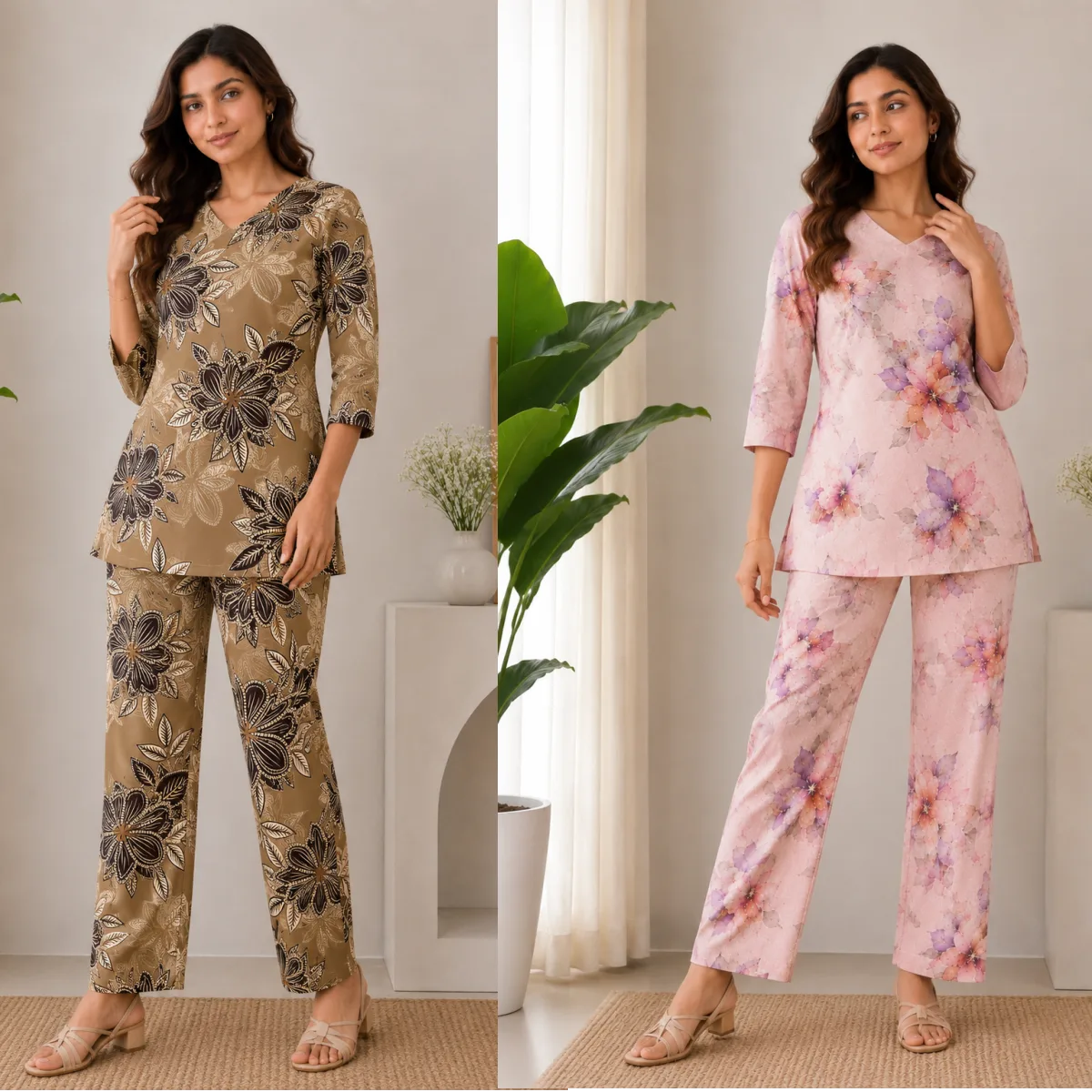 Women’s Stylish Mocha Brown & Blush Pink Printed Co-Ord Set Combo Pack of 2
