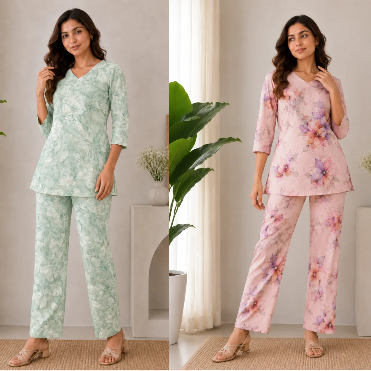 Women’s Pastel Floral Print Mint Green & Blush Pink Co-Ord Set Pack of 2