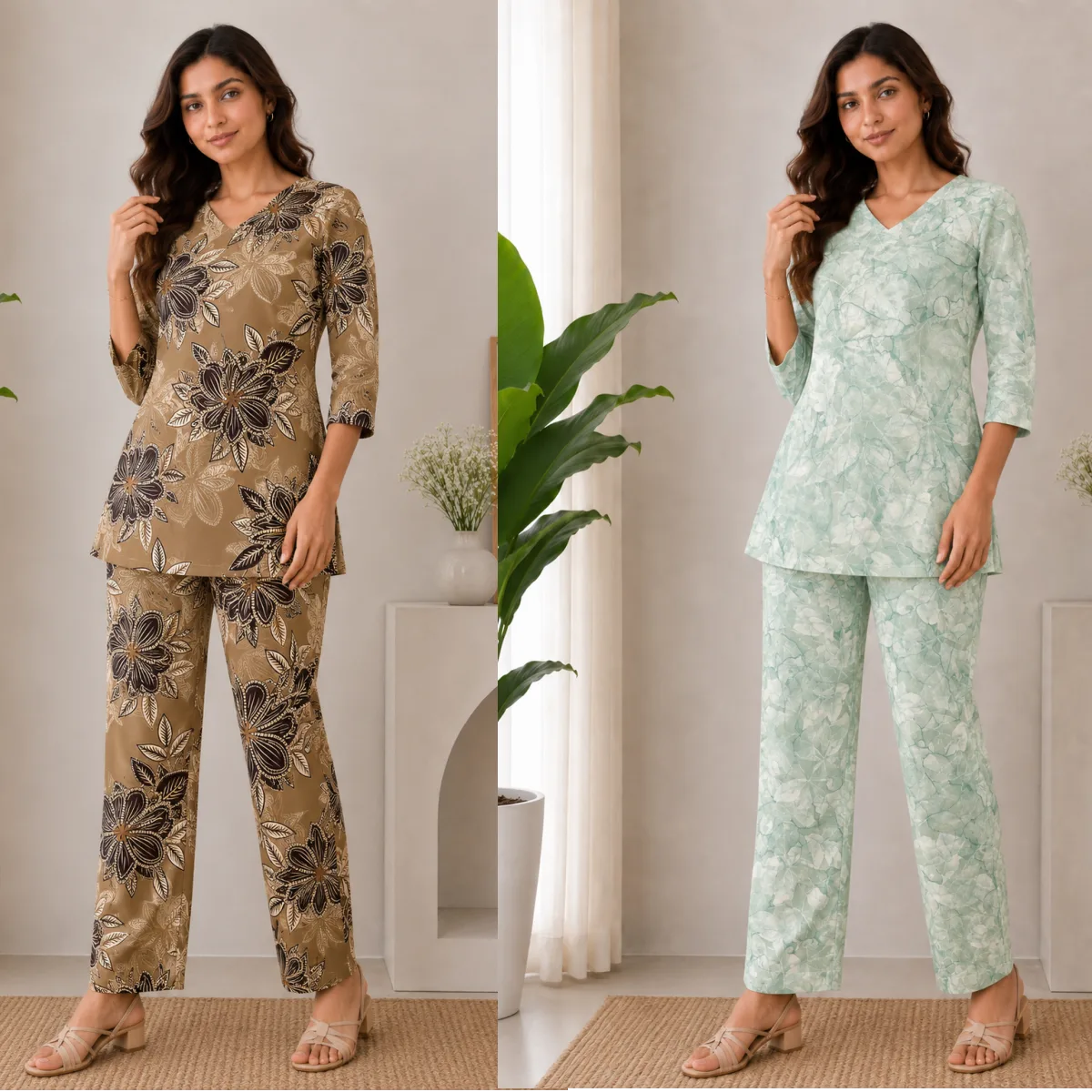 Women’s Floral Print Mocha Brown & Mint Green Poly Rayon Co-Ord Set Pack of 2